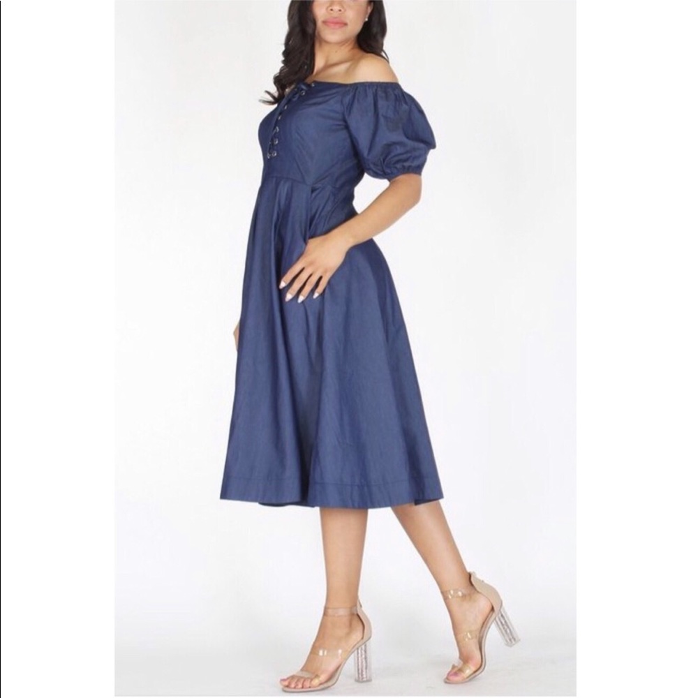 OFF SHOULDER LIGHT DENIM FIT AND FLARE DRESS